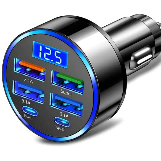 1 with 6 ultra-fast mobile phone charger, intelligent voltage detection digital display, suitable for USB and Type-C, car charger adapter, car charger