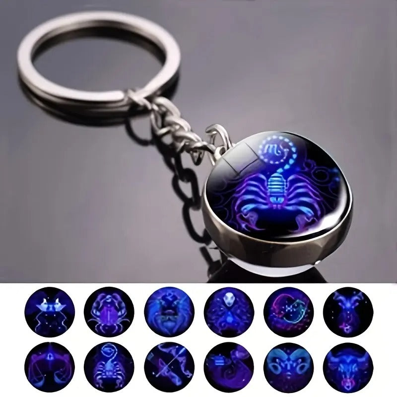 Glow-in-the-dark 12 Constellation Keychain Double-sided Convex Round Glass Ball Key Chain Outdoor Key Holder