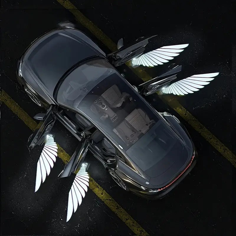 2pcs/set Ultra bright LED door projector light with Angel Wings design Decorative light Ambient light, black carbon fiber finish, illuminating Angel Wings