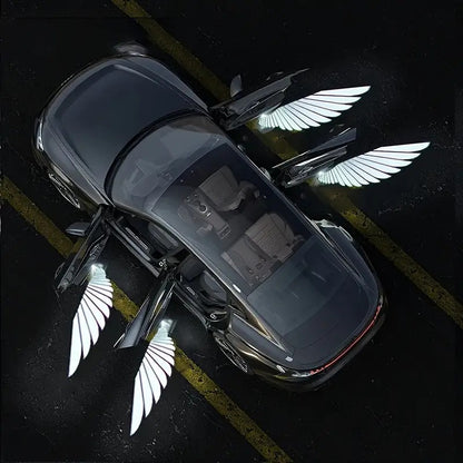 2pcs/set Ultra bright LED door projector light with Angel Wings design Decorative light Ambient light, black carbon fiber finish, illuminating Angel Wings