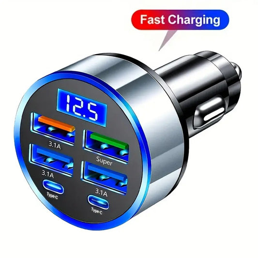 1 with 6 ultra-fast mobile phone charger, intelligent voltage detection digital display, suitable for USB and Type-C, car charger adapter, car charger