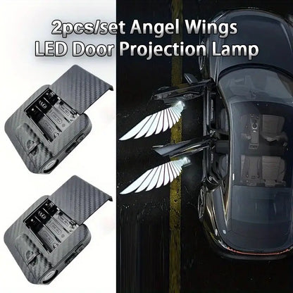 2pcs/set Ultra bright LED door projector light with Angel Wings design Decorative light Ambient light, black carbon fiber finish, illuminating Angel Wings