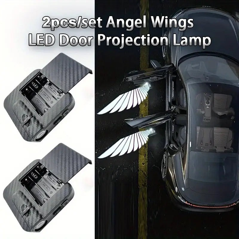 2pcs/set Ultra bright LED door projector light with Angel Wings design Decorative light Ambient light, black carbon fiber finish, illuminating Angel Wings
