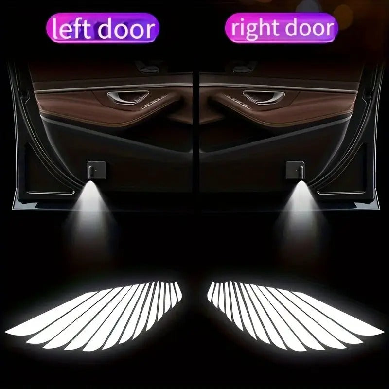 2pcs/set Ultra bright LED door projector light with Angel Wings design Decorative light Ambient light, black carbon fiber finish, illuminating Angel Wings
