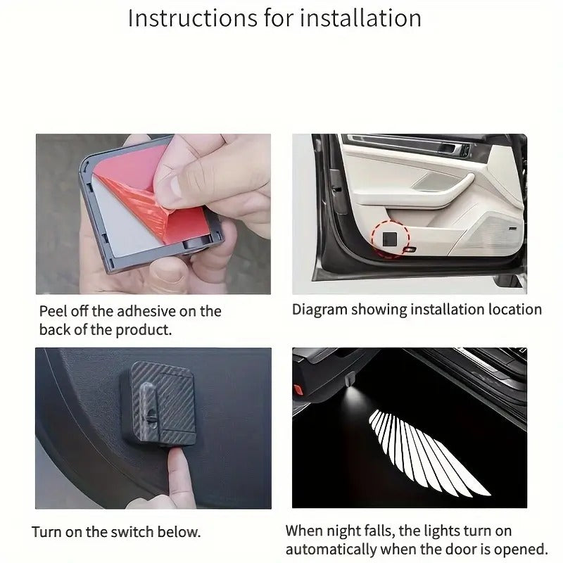 2pcs/set Ultra bright LED door projector light with Angel Wings design Decorative light Ambient light, black carbon fiber finish, illuminating Angel Wings