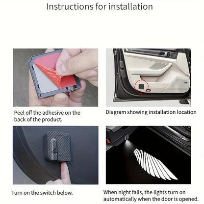 2pcs/set Ultra bright LED door projector light with Angel Wings design Decorative light Ambient light, black carbon fiber finish, illuminating Angel Wings
