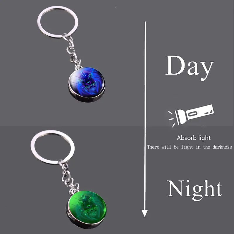 Glow-in-the-dark 12 Constellation Keychain Double-sided Convex Round Glass Ball Key Chain Outdoor Key Holder
