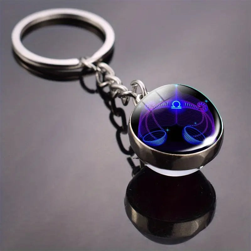 Glow-in-the-dark 12 Constellation Keychain Double-sided Convex Round Glass Ball Key Chain Outdoor Key Holder