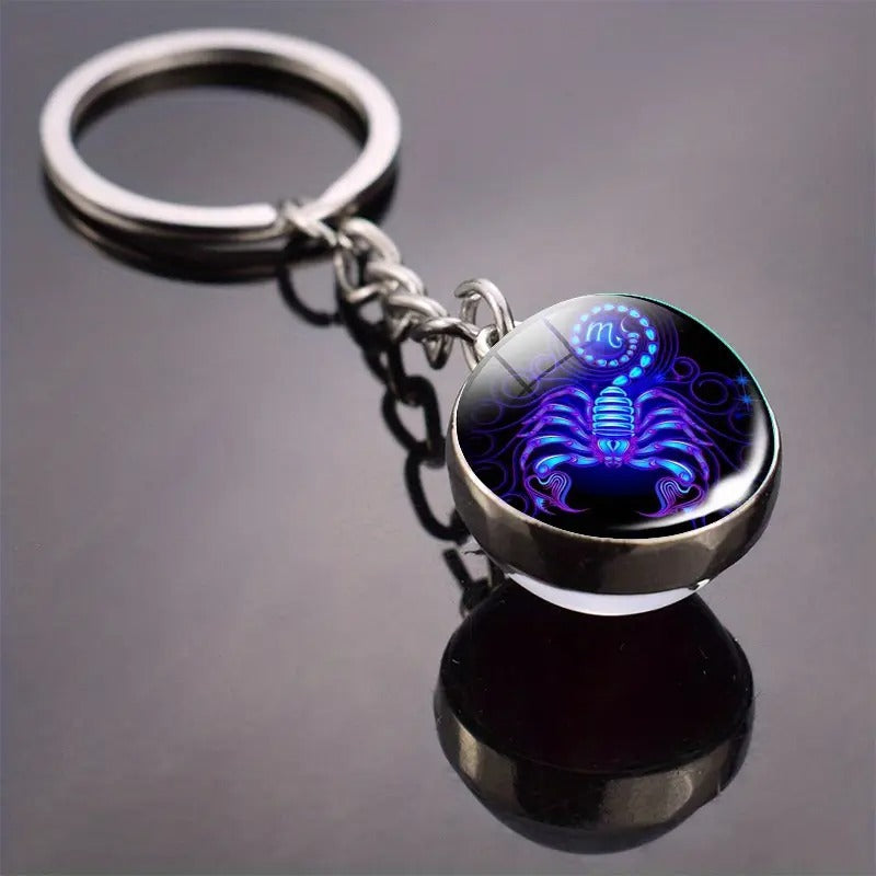 Glow-in-the-dark 12 Constellation Keychain Double-sided Convex Round Glass Ball Key Chain Outdoor Key Holder
