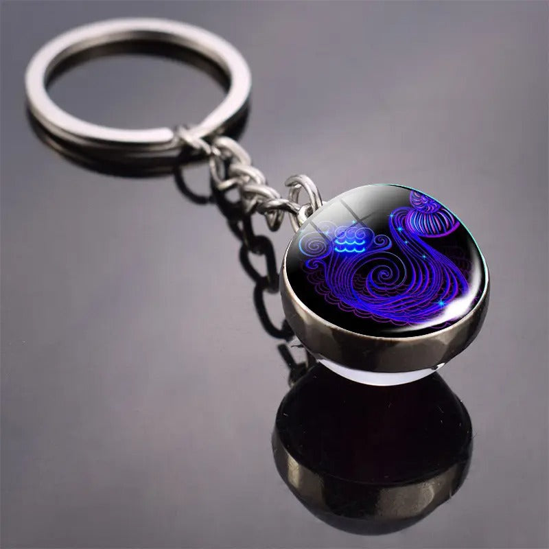 Glow-in-the-dark 12 Constellation Keychain Double-sided Convex Round Glass Ball Key Chain Outdoor Key Holder
