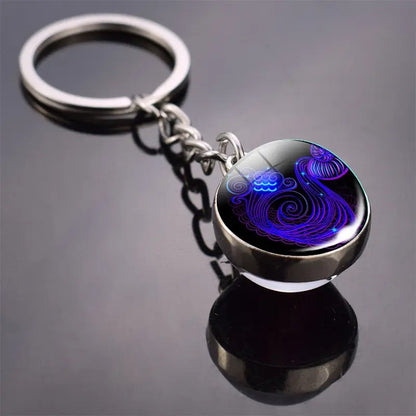 Glow-in-the-dark 12 Constellation Keychain Double-sided Convex Round Glass Ball Key Chain Outdoor Key Holder